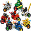 Golden Lloyd, Digi Zane, Digi Jay, Digi Cole, Digi Nya, Digi Kai, Avatar Cole, and Island Lloyd on racing bikes Ninjago LEGO-compatible minifigure | custom brick minifigures