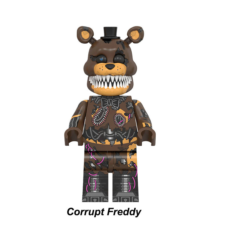 Corrupt Freddy FNaF minifigure, custom designed building block collectible with detailed printing.