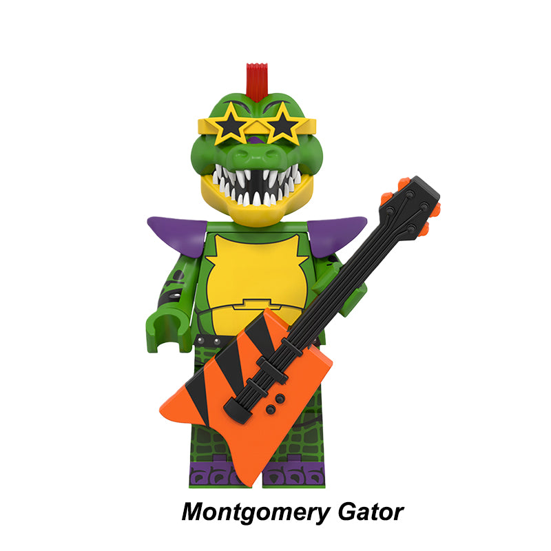 Montgomery Gator (Monty) FNaF minifigure, Security Breach custom building block collectible.