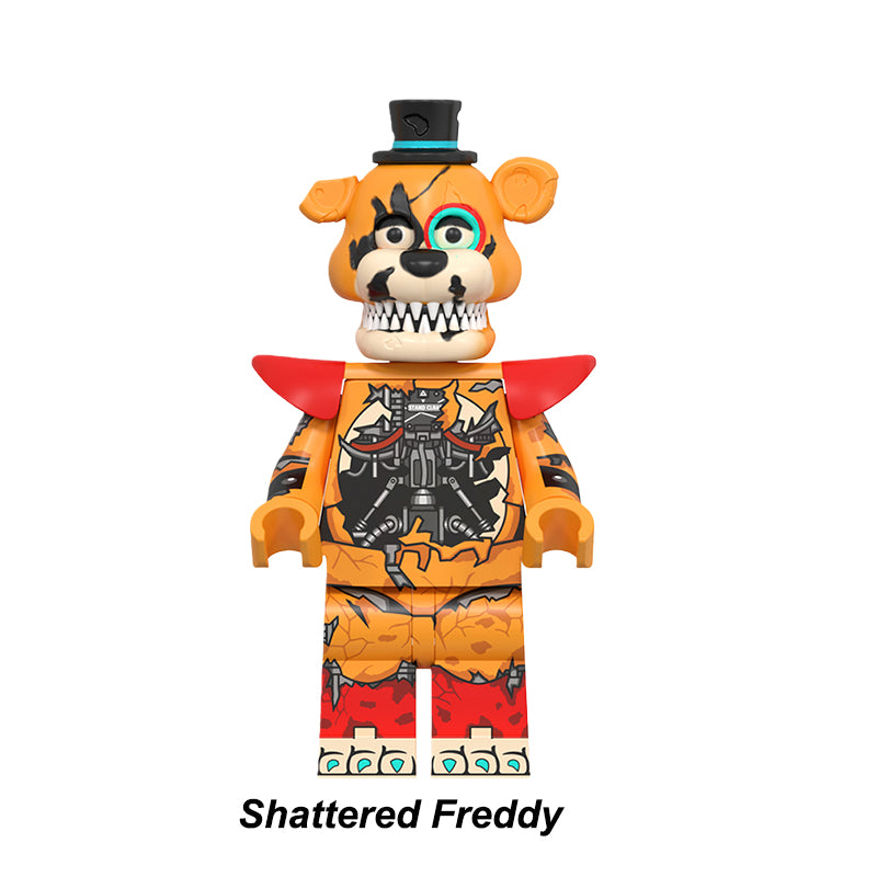 Shattered Freddy minifigure, battle-damaged version building block figure from FNaF.