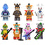 Complete 8-piece set of Five Nights At Freddy's (FNaF) minifigures including Arctic Ballora, Corrupt Freddy, and Frostbite characters.