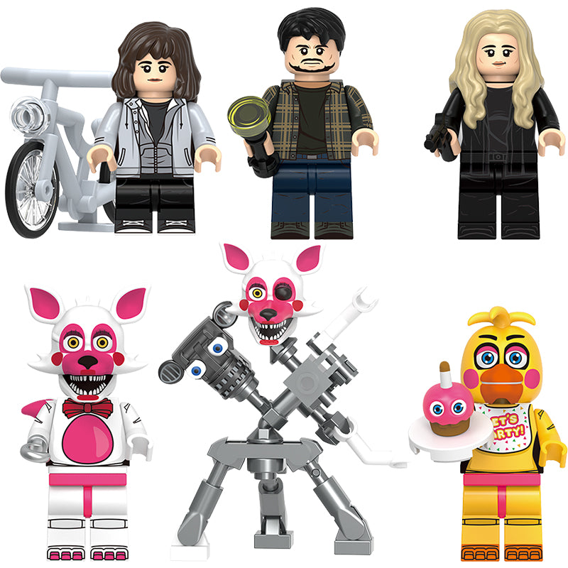 Complete 6-piece Five Nights at Freddy's (FNaF) minifigure set featuring Abby, Mike Schmidt, and Funtime Foxy characters. Main image