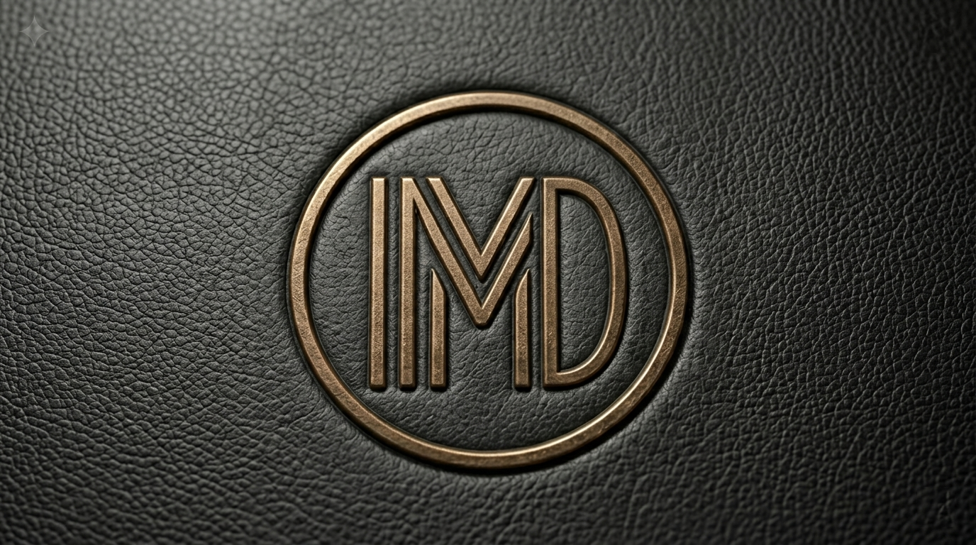 Close-up of the MD brand seal in antique bronze on charcoal texture, representing professional curation and quality standards for custom building block figures.
