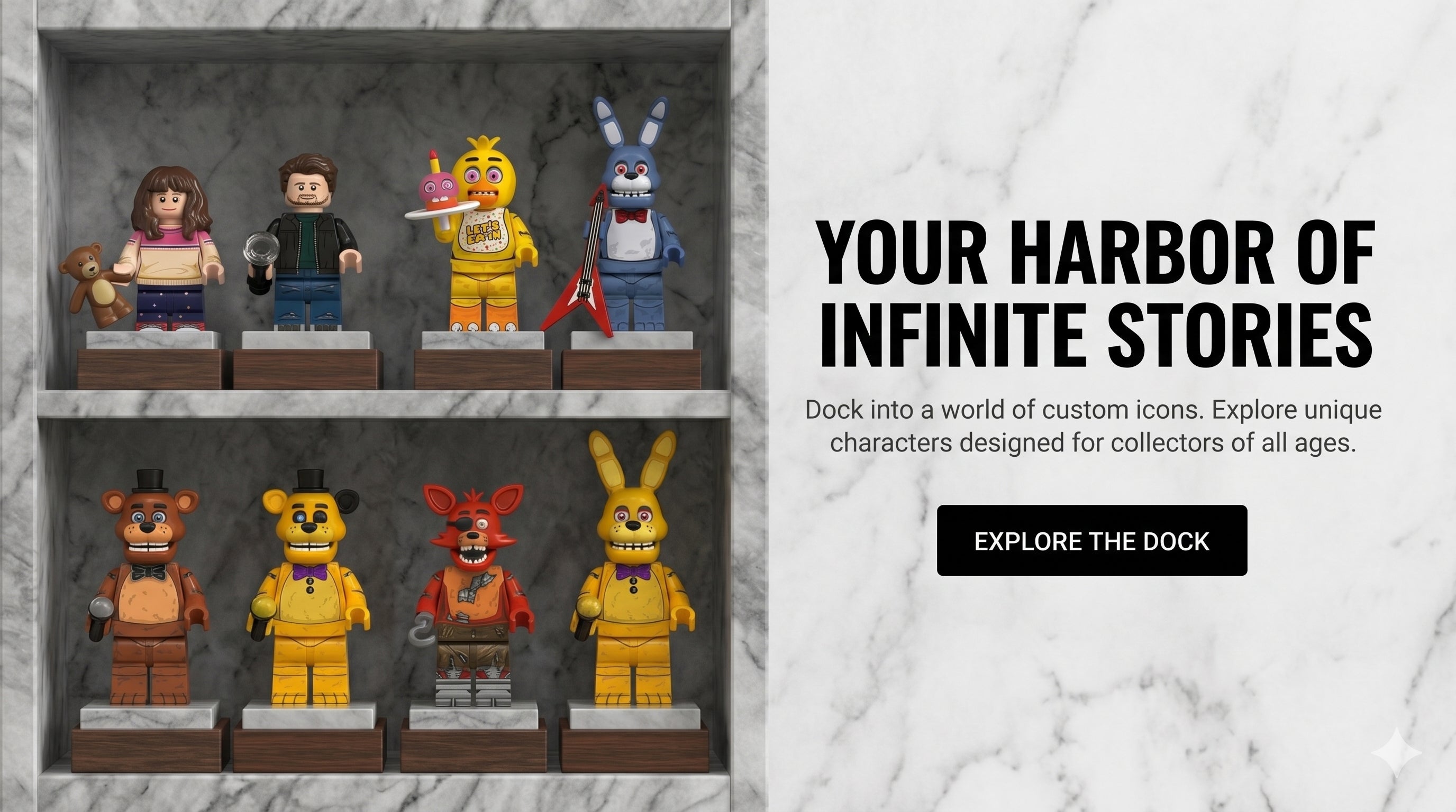Collection of LEGO-compatible Five Nights at Freddy's minifigures displayed on a premium marble stand at Minifig Dock.