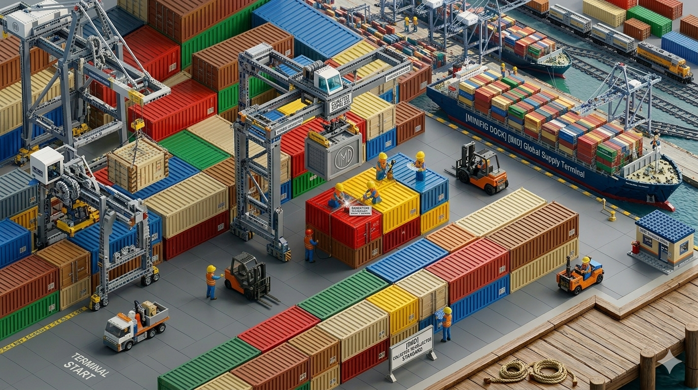 High-quality LEGO-style industrial supply terminal and dock with colorful shipping containers for adult minifigure collectors.