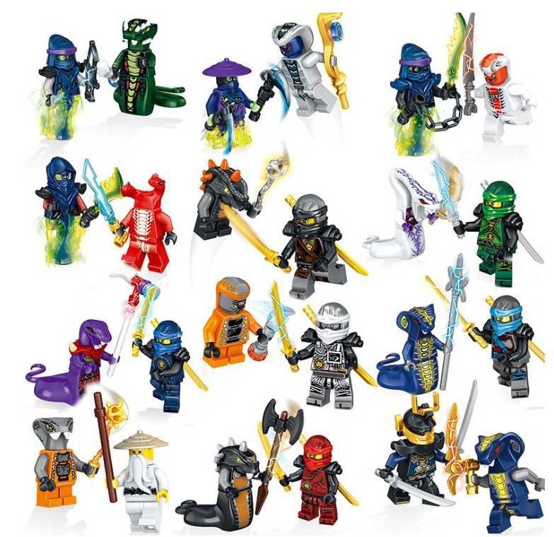 Master Wu, Kai, Nya (Samurai X), Zane, Cole, Lloyd, Ghost Warrior, Rattla, Mezmo, Snappa, Fang-Suei, and Serpentine tribes Ninjago LEGO-compatible minifigure