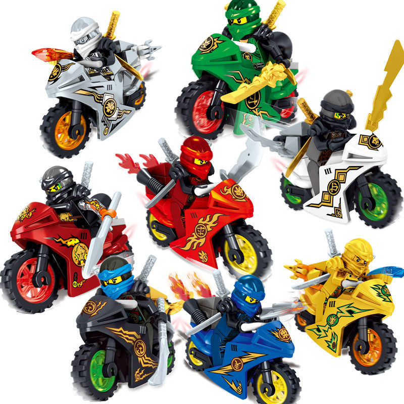 Golden Lloyd, Digi Zane, Digi Jay, Digi Cole, Digi Nya, Digi Kai, Avatar Cole, and Island Lloyd on racing bikes Ninjago LEGO-compatible minifigure | custom brick minifigures Main image