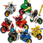 Golden Lloyd, Digi Zane, Digi Jay, Digi Cole, Digi Nya, Digi Kai, Avatar Cole, and Island Lloyd on racing bikes Ninjago LEGO-compatible minifigure | custom brick minifigures
