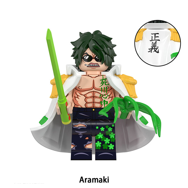Aramaki One Piece custom anime brick minifigure with green blade effect accessory