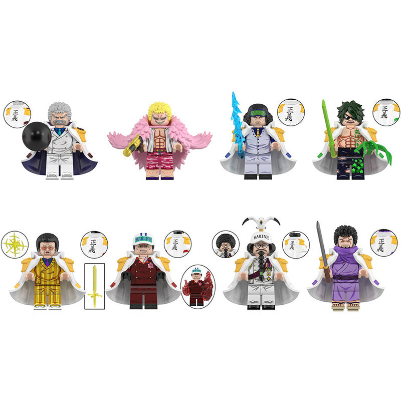 One Piece Custom Anime Brick Minifigures Toy Set featuring Aramaki, Borsalino, Doflamingo, Issho, Kuzan, Monkey D. Garp, Sakazuki and Sengoku Main image