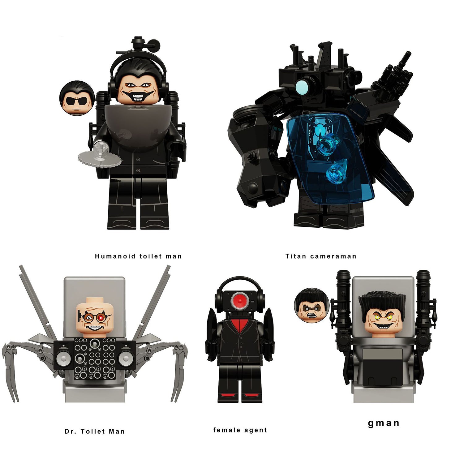Skibidi Toilet Humanoid Toilet Man Titan Cameraman, Lego-compatible Building Block Minifigures, 5 Pcs Collection