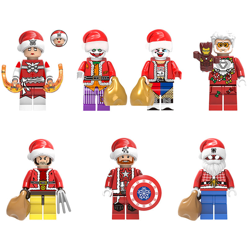 Christmas Superhero minifigure set Santa Iron Man, Holiday Spider-Man, Joker LEGO-compatible building block toys | 7-piece holiday set